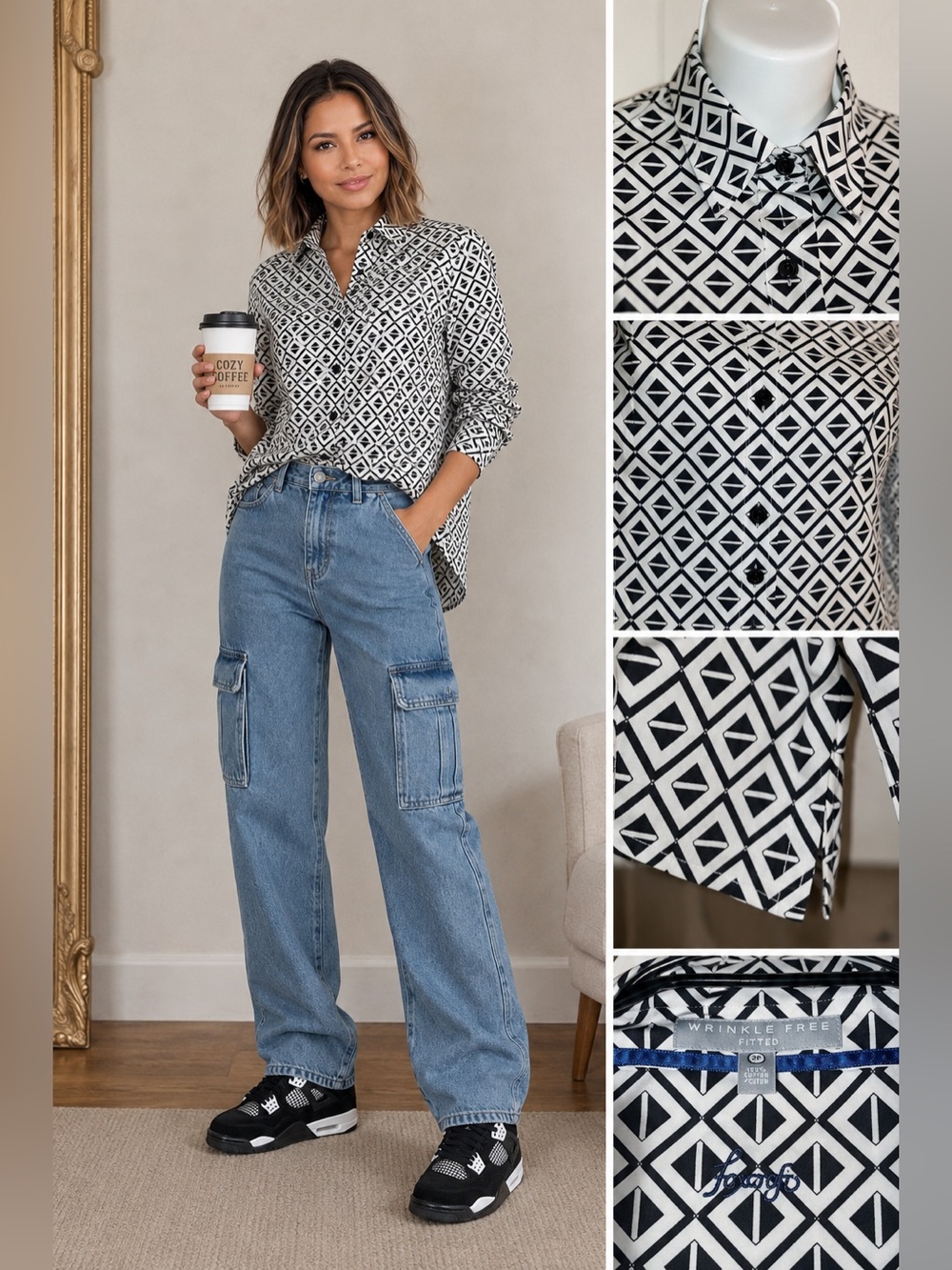 Wrinkle Free Petite 2P Black & White Print Blouse Long Sleeve Career Top